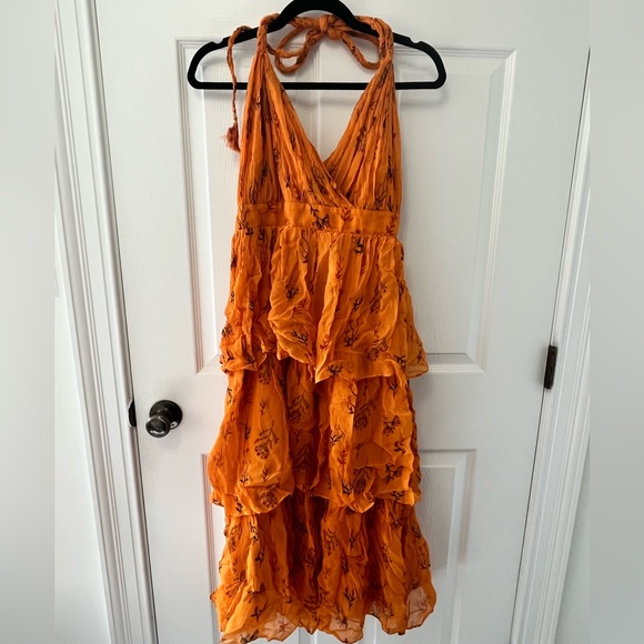Anthropologie Pamela Halter Midi Dress | Orange Floral Tiered, NWT Size 14 - Picture 8 of 10